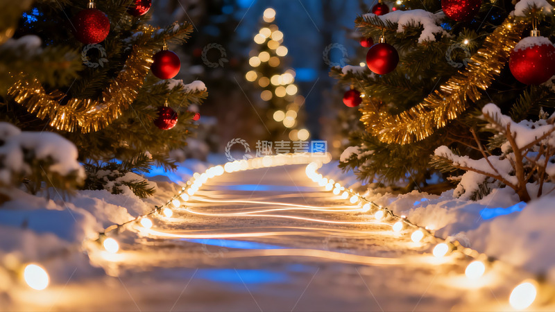 高清大图下载【趣麦麦图】雪夜圣诞树灯光小径