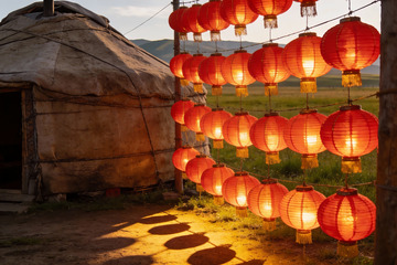 草原毡房灯笼夜景