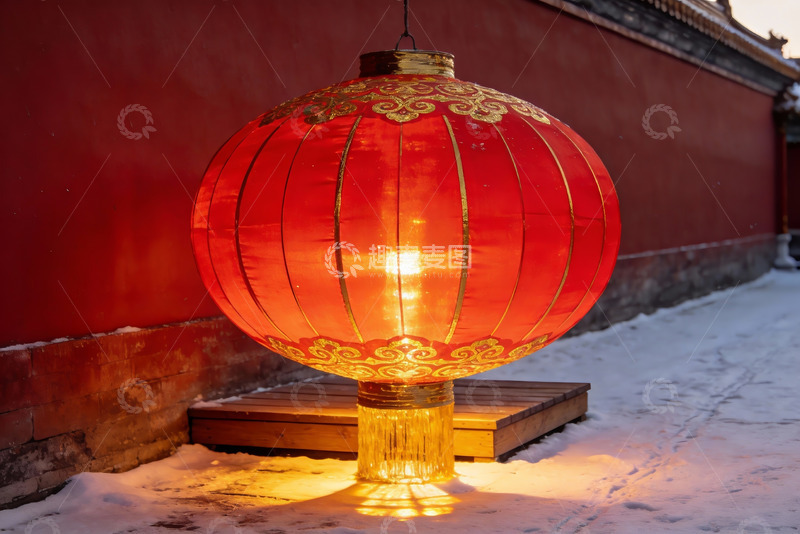 高清大图下载【趣麦麦图】雪地红灯笼映古墙