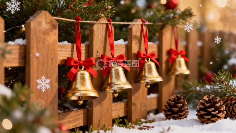 高清大图下载【趣麦麦图】雪地木栅栏挂金色铃铛