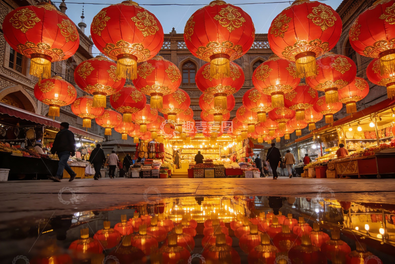 高清大图下载【趣麦麦图】夜市红灯笼高挂行人穿梭