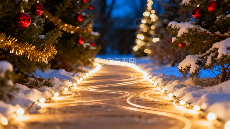 高清大图下载【趣麦麦图】雪夜圣诞树灯光小径