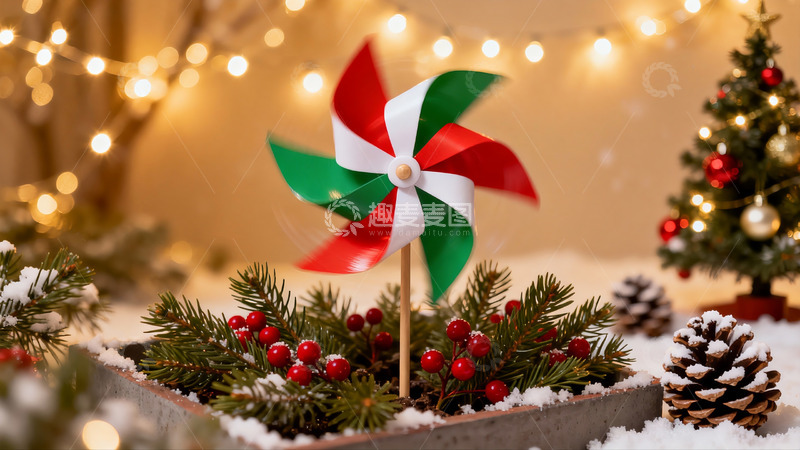 高清大图下载【趣麦麦图】圣诞装饰风车与松枝