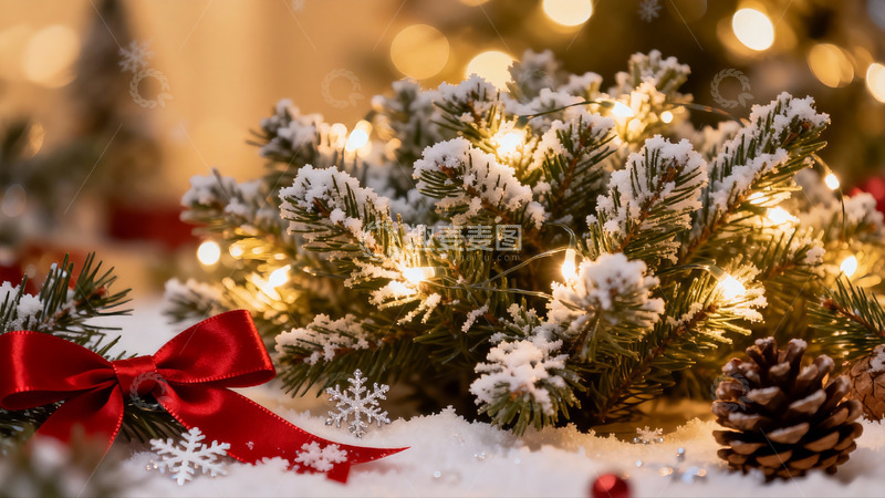 高清大图下载【趣麦麦图】雪覆松枝节日装饰