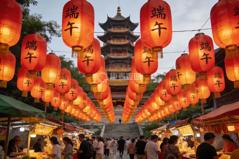 高清大图下载【趣麦麦图】端午节灯笼挂满街市热闹非凡