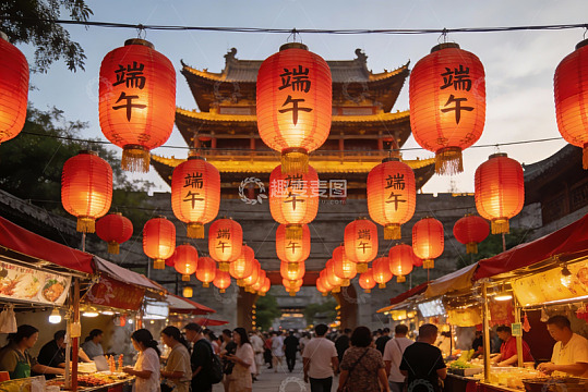 端午节夜市灯笼高挂人群熙攘