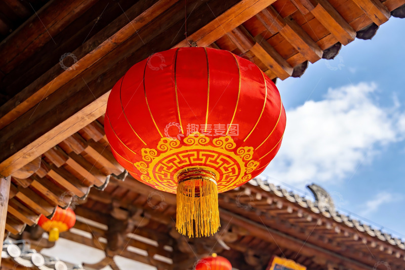高清大图下载【趣麦麦图】古建筑屋檐下的红色灯笼
