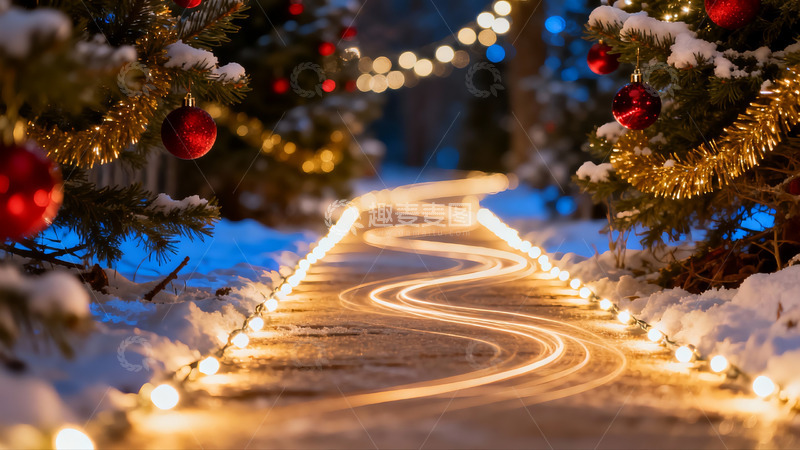 高清大图下载【趣麦麦图】雪夜圣诞树灯光小径