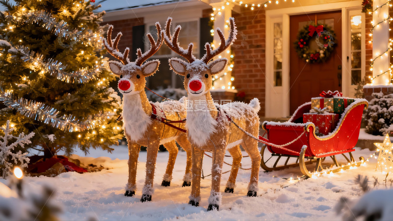 高清大图下载【趣麦麦图】雪地圣诞装饰驯鹿与雪橇