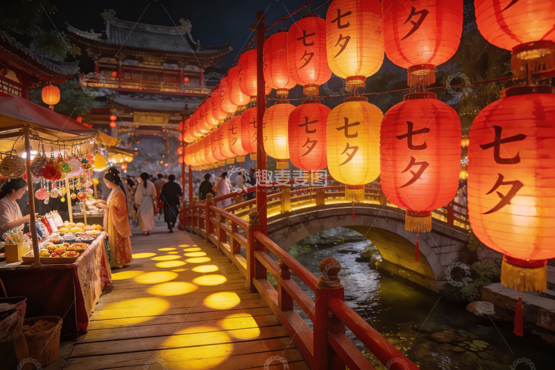 高清大图下载【趣麦麦图】七夕夜市桥上灯火辉煌