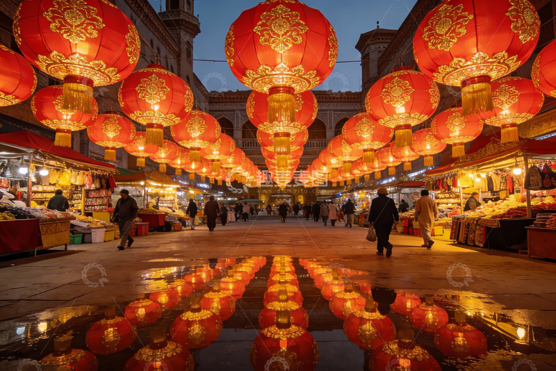 高清大图下载【趣麦麦图】夜市红灯笼高挂行人穿梭