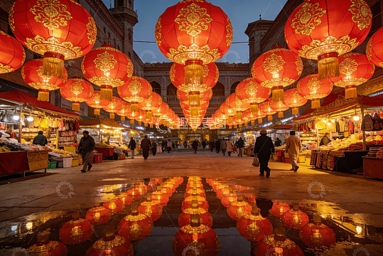 夜市红灯笼高挂行人穿梭