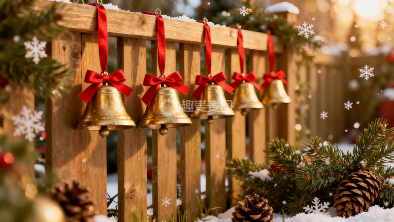 高清大图下载【趣麦麦图】雪中木栅栏挂铃铛节日氛围浓