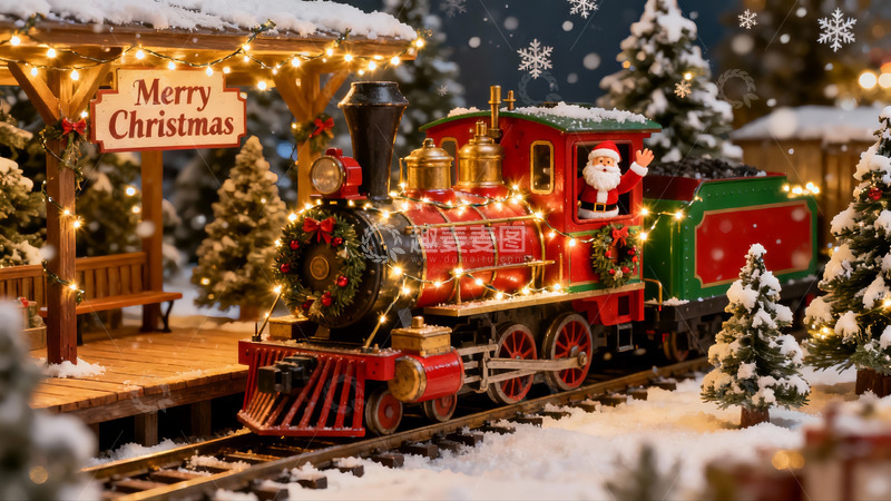 高清大图下载【趣麦麦图】圣诞雪景火车与装饰小屋