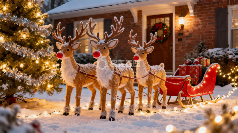 高清大图下载【趣麦麦图】雪地圣诞驯鹿与雪橇