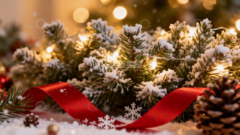 高清大图下载【趣麦麦图】圣诞松枝雪景装饰