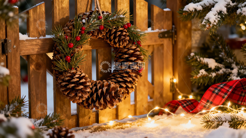 高清大图下载【趣麦麦图】雪地木栅栏上的圣诞花环