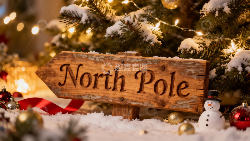 高清大图下载【趣麦麦图】圣诞树下雪景与北极大路标
