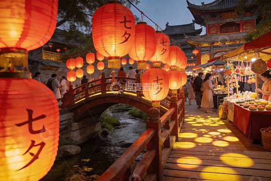 七夕节古桥夜市灯笼高挂