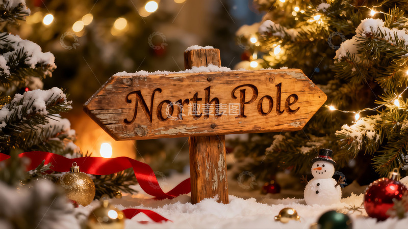 高清大图下载【趣麦麦图】圣诞雪景中的北极指示牌