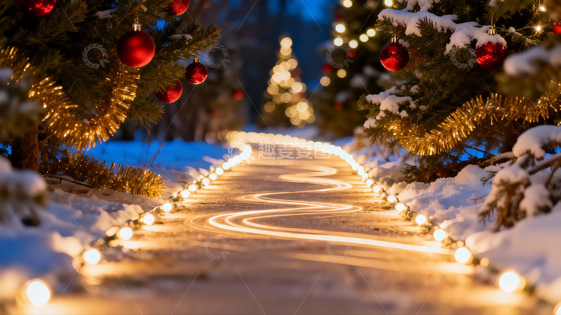 高清大图下载【趣麦麦图】雪夜圣诞树小径灯光