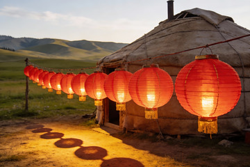 草原毡房灯笼夜景