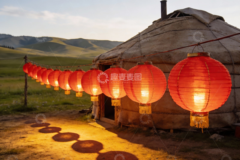 高清大图下载【趣麦麦图】草原毡房灯笼夜景