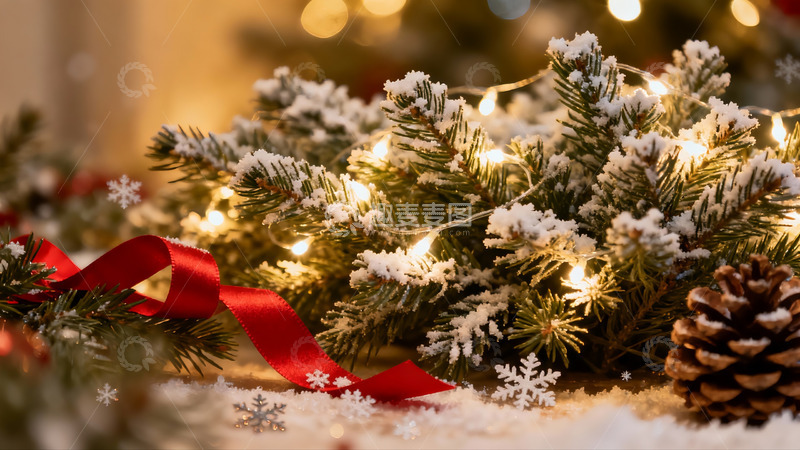 高清大图下载【趣麦麦图】雪覆松枝红带点缀节日氛围