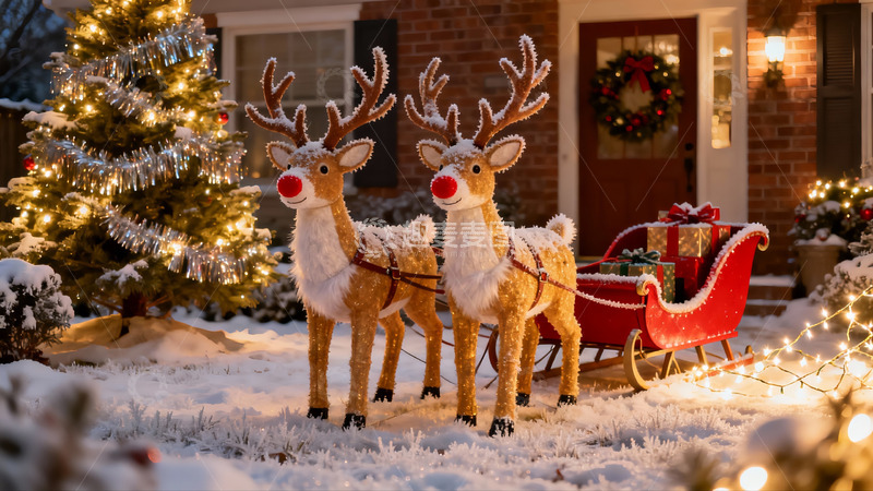 高清大图下载【趣麦麦图】雪地圣诞驯鹿与雪橇