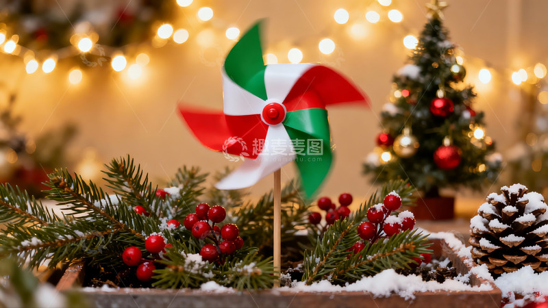 高清大图下载【趣麦麦图】圣诞装饰风车与松枝雪景