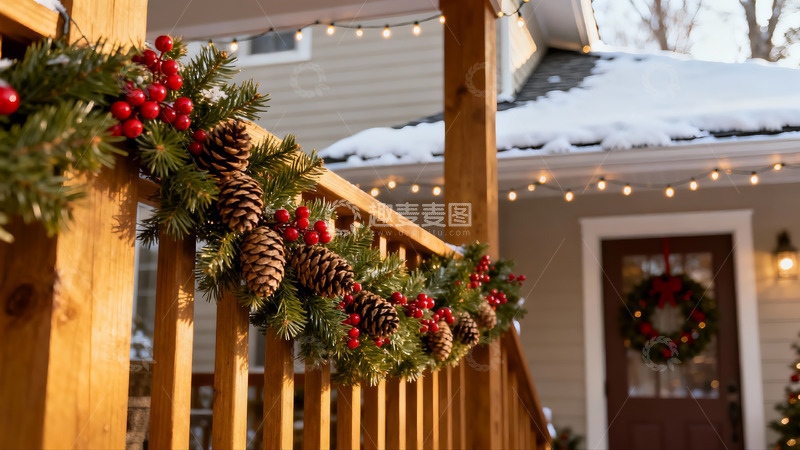 高清大图下载【趣麦麦图】雪中木廊圣诞装饰