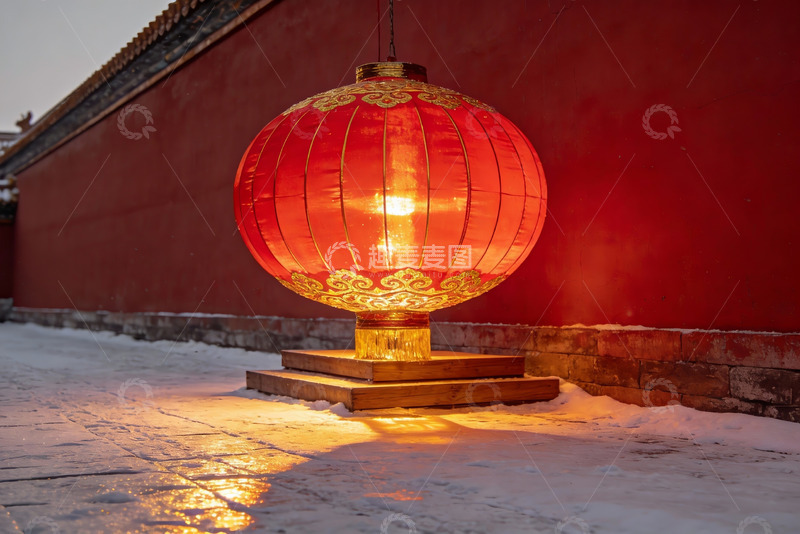 高清大图下载【趣麦麦图】雪地红灯笼映古墙