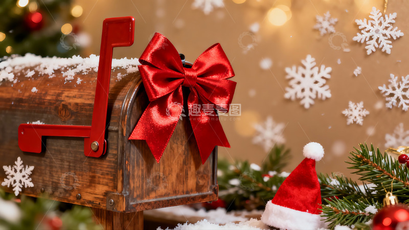 高清大图下载【趣麦麦图】圣诞装饰木箱与红色蝴蝶结