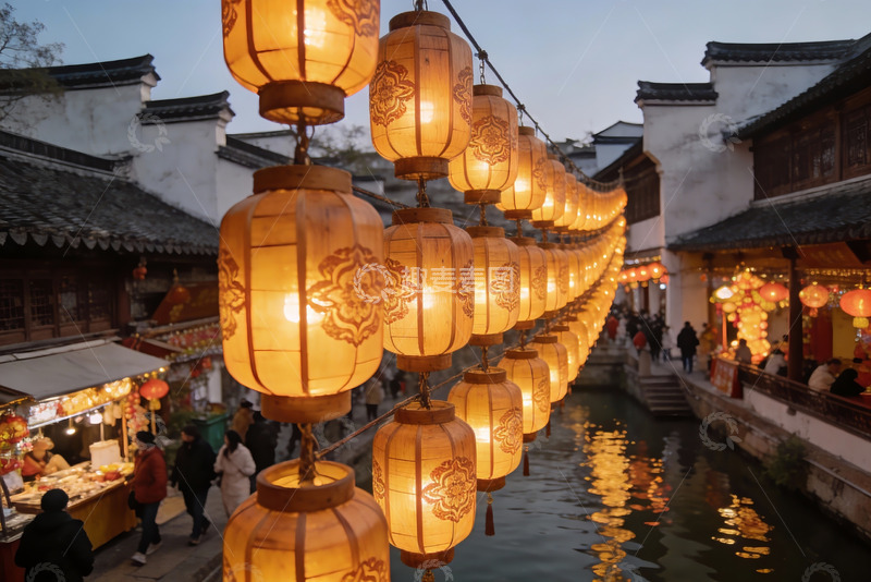 高清大图下载【趣麦麦图】古街夜景灯笼高挂游人如织