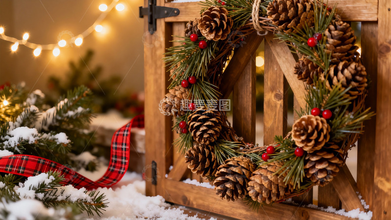 高清大图下载【趣麦麦图】圣诞松果花环挂木门