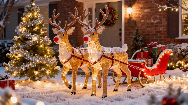 高清大图下载【趣麦麦图】雪地圣诞驯鹿雪橇装饰