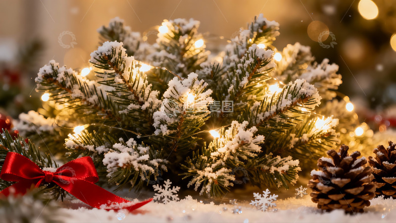 高清大图下载【趣麦麦图】雪覆松枝灯饰节日氛围