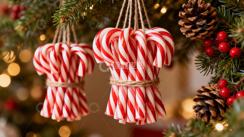 高清大图下载【趣麦麦图】圣诞树上的拐杖糖装饰