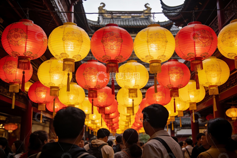 高清大图下载【趣麦麦图】古街红黄灯笼高挂人群熙攘