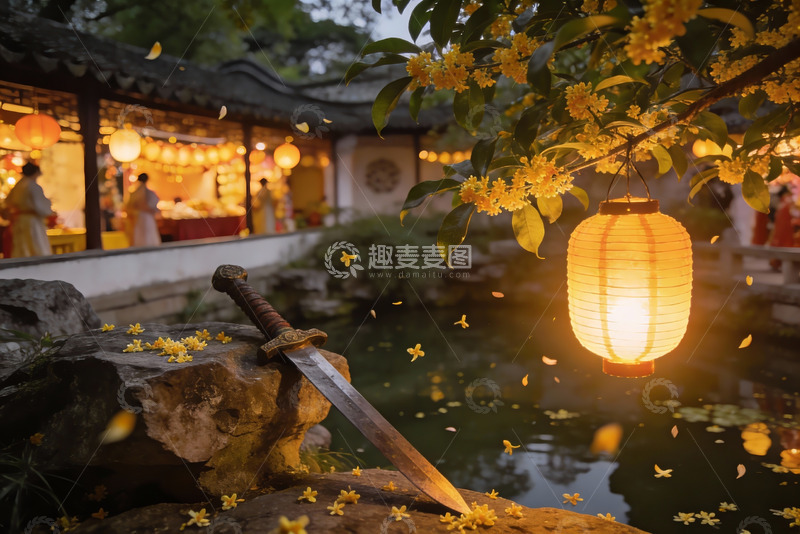 高清大图下载【趣麦麦图】古风庭院夜景灯笼与宝剑