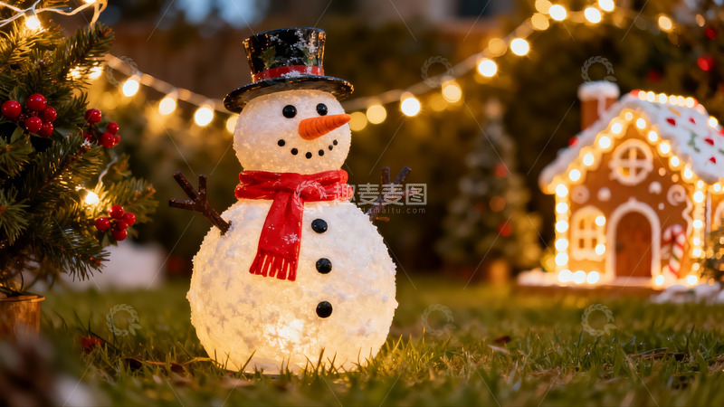 高清大图下载【趣麦麦图】圣诞雪人装饰夜景