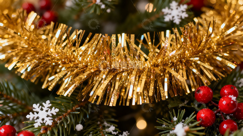高清大图下载【趣麦麦图】圣诞树装饰特写金色丝带