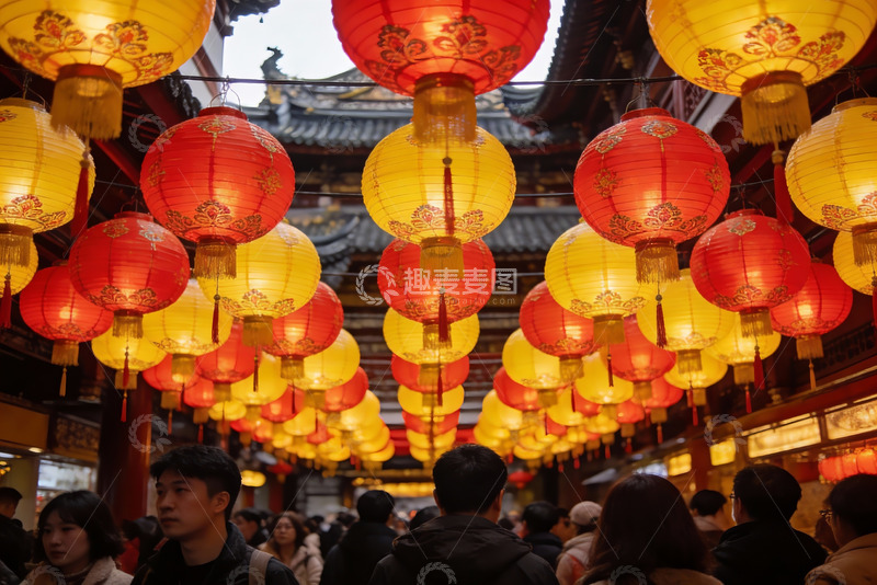 高清大图下载【趣麦麦图】古街挂满红黄灯笼人群熙攘