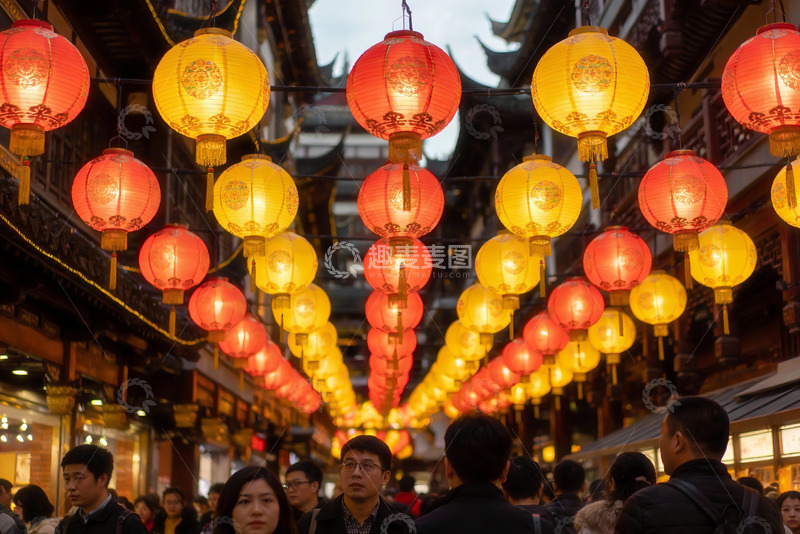 高清大图下载【趣麦麦图】古街挂满红黄灯笼人群熙攘