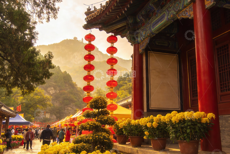 高清大图下载【趣麦麦图】古建筑前红灯笼与菊花展