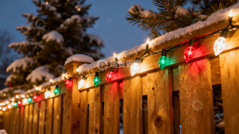 高清大图下载【趣麦麦图】雪夜木栅栏彩灯装饰
