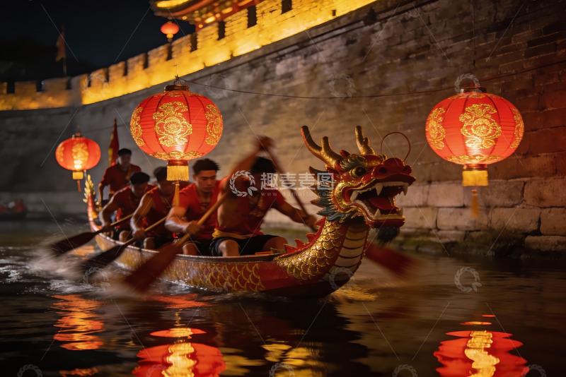 高清大图下载【趣麦麦图】夜游古墙下龙舟竞渡
