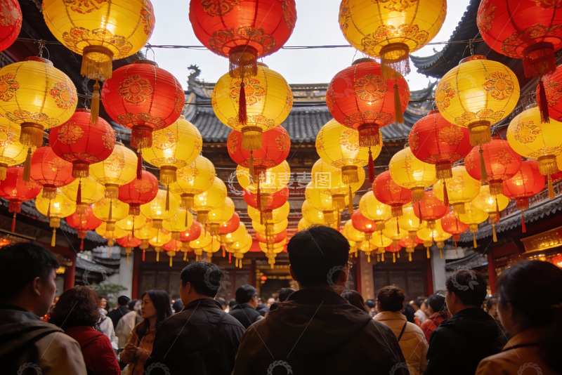 高清大图下载【趣麦麦图】古建筑前挂满红黄灯笼