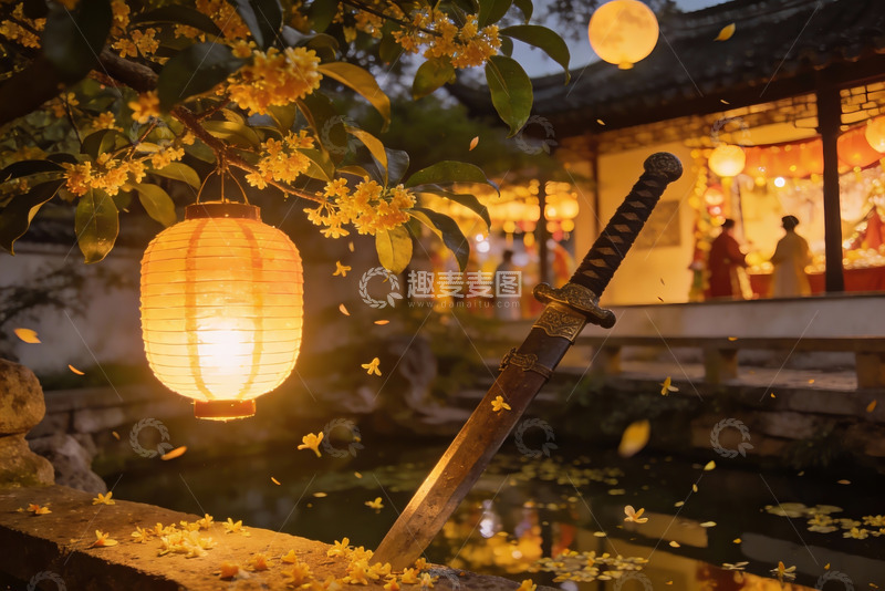 高清大图下载【趣麦麦图】古风庭院夜景灯笼与宝剑