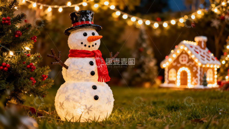高清大图下载【趣麦麦图】圣诞雪人与灯光装饰